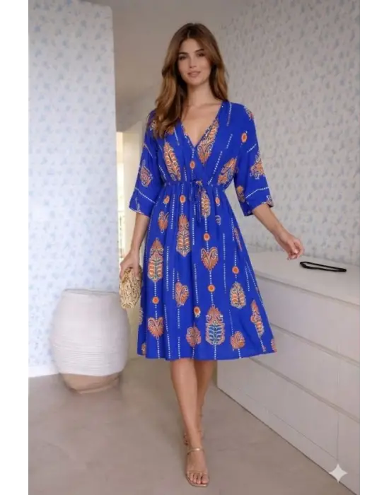 Kadın V Yaka Beli Bağçık Detay Etnik Desen Baskılı Midi Boy Elbise