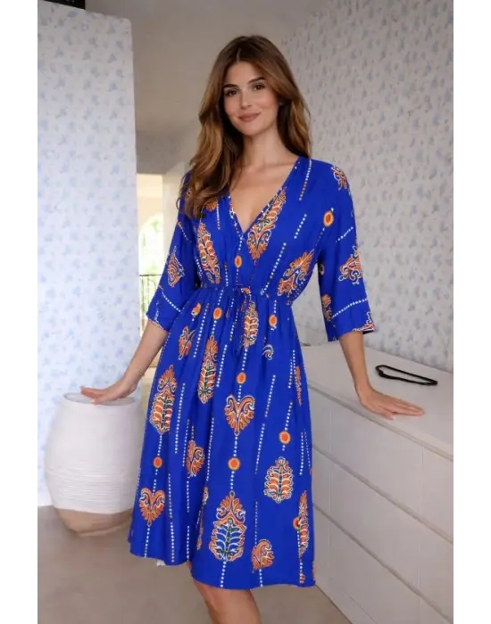 Kadın V Yaka Beli Bağçık Detay Etnik Desen Baskılı Midi Boy Elbise