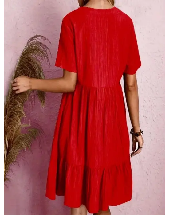 Kadın V Yaka, Fırfırlı Bürümcük Kumaş Elbise