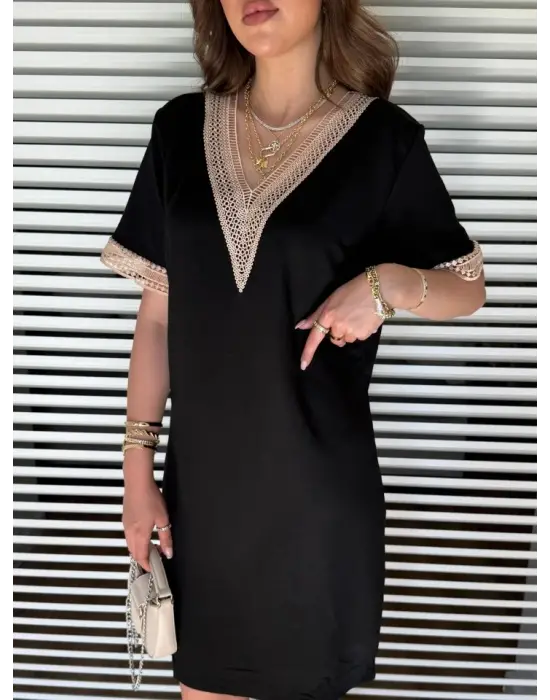 Kadın V Yaka Güpürlü İki İplik Elbise