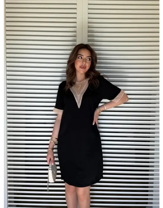 Kadın V Yaka Güpürlü İki İplik Elbise