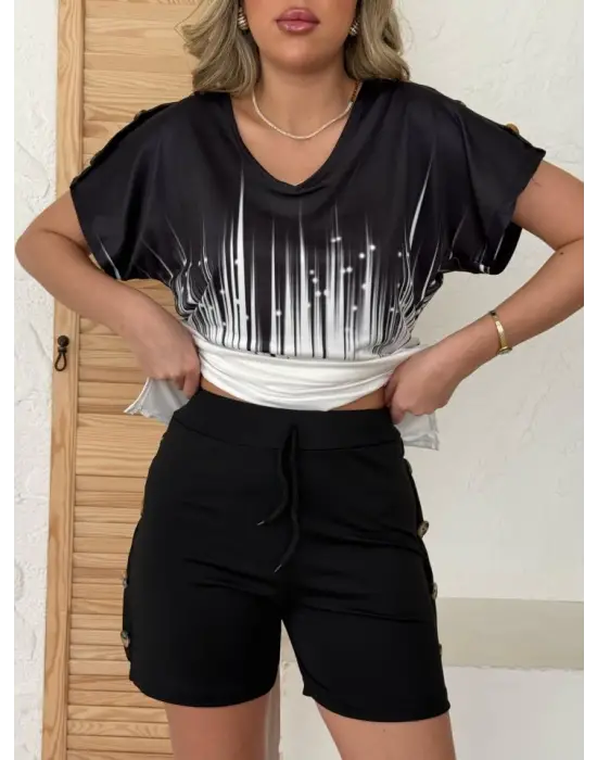 Omarı Şık V Yaka Bluz ve Şort Takımı