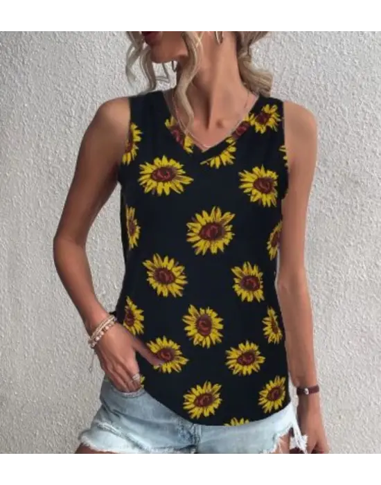 Omarı Şık Krep Bluz - V Yaka Kolsuz Ayçiçeği Deseniyle