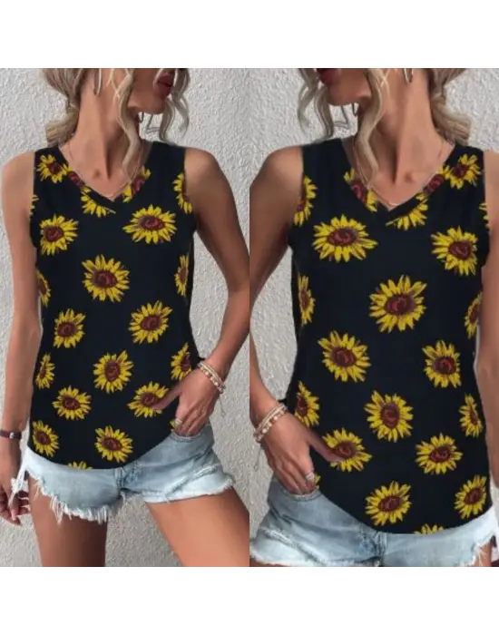 Omarı Şık Krep Bluz - V Yaka Kolsuz Ayçiçeği Deseniyle