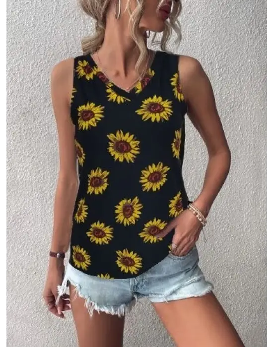 Omarı Şık Krep Bluz - V Yaka Kolsuz Ayçiçeği Deseniyle