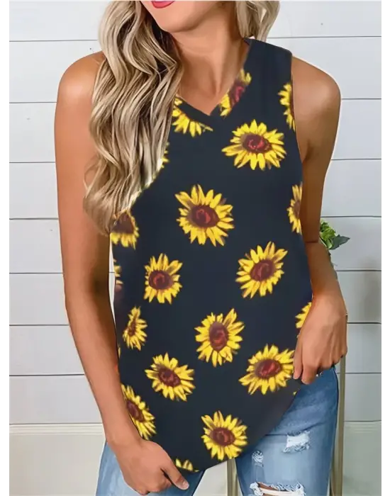 Omarı Şık Krep Bluz - V Yaka Kolsuz Ayçiçeği Deseniyle