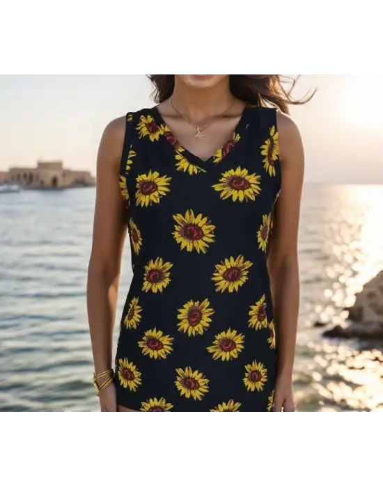 Omarı Şık Krep Bluz - V Yaka Kolsuz Ayçiçeği Deseniyle