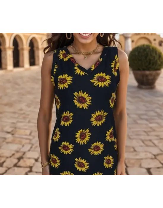 Omarı Şık Krep Bluz - V Yaka Kolsuz Ayçiçeği Deseniyle