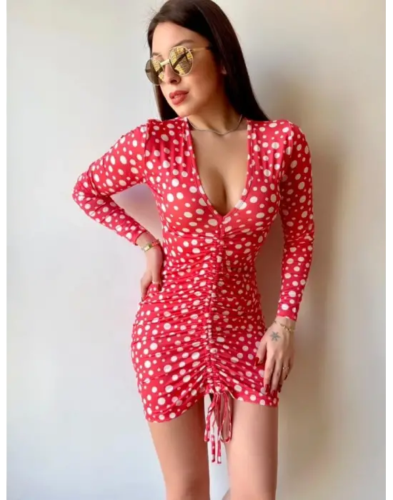 Kadın V Yaka önü Asansör Büzgü Detay Fırsat ürün Puantiyeli Mini Elbise