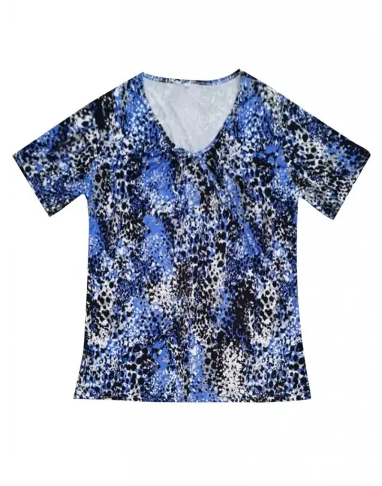 Omarı Renkli Leopar Desenli V Yaka Bluz