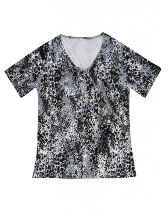 Kadın V Yaka Renkli Leopar Desen Büzgü Detay Süprem Bluz