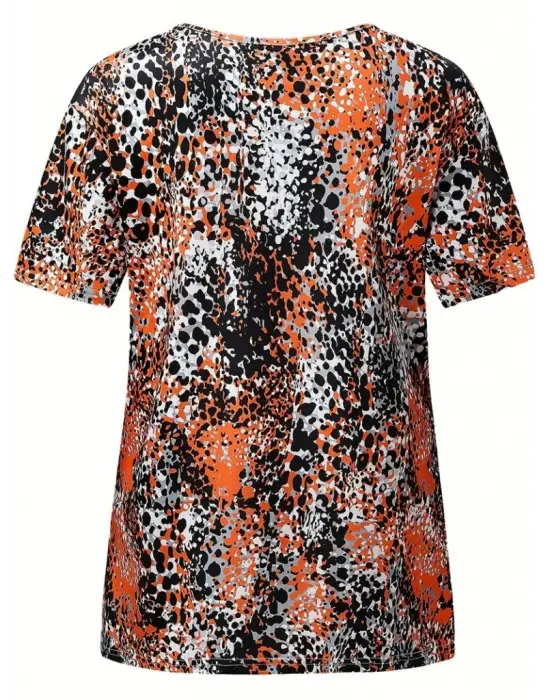 Omarı Renkli Leopar Desenli V Yaka Bluz