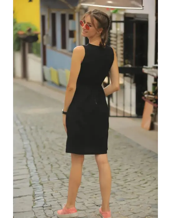 Kadın V Yakalı önden Düğme Detay Beli Lastikli Keten Kısa Elbise