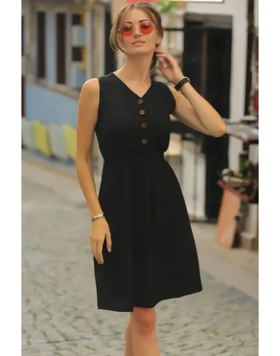 Kadın V Yakalı önden Düğme Detay Beli Lastikli Keten Kısa Elbise