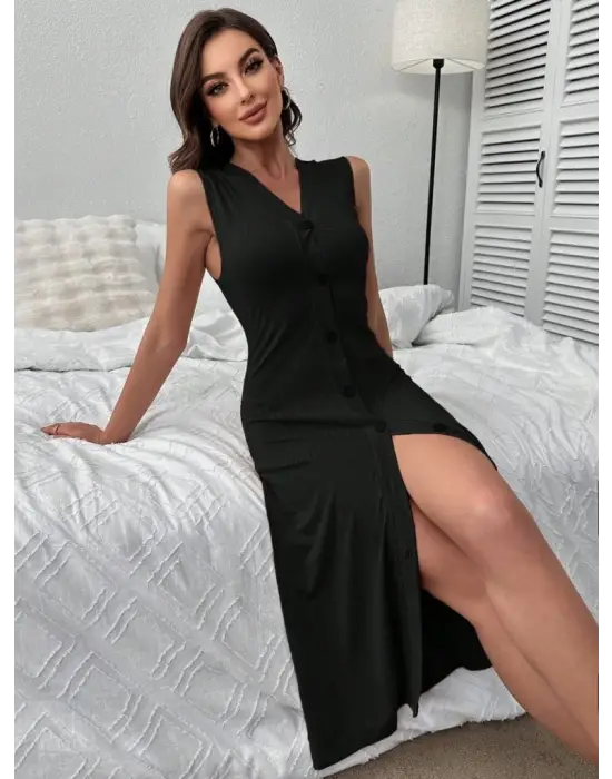 Kadın V Yakalı önden Düğmeli Kaşkorse Elbise