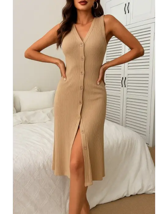 Kadın V Yakalı önden Düğmeli Kaşkorse Elbise