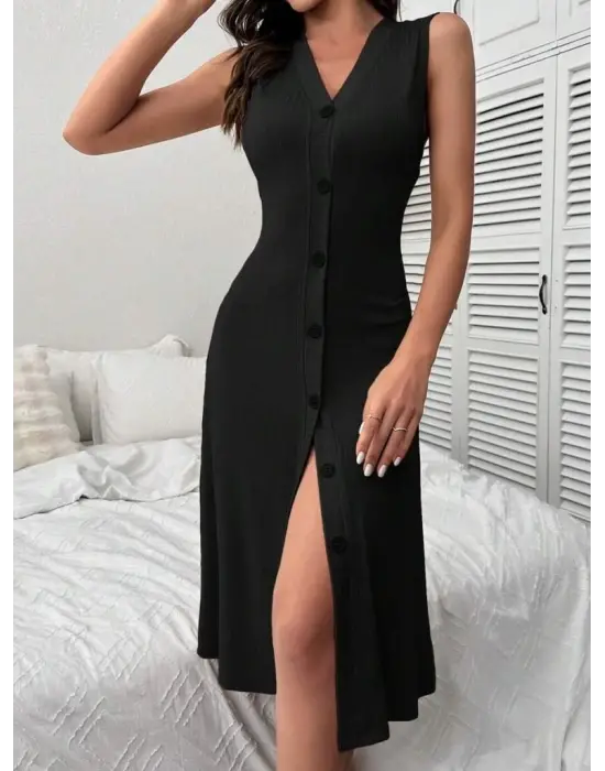 Kadın V Yakalı önden Düğmeli Kaşkorse Elbise