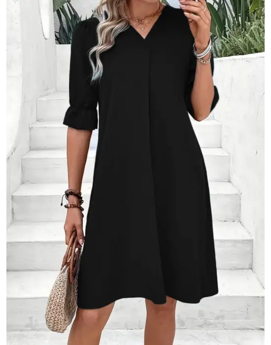 Omarı Etkileyici V Yakalı Kısa Kollu Kadın Elbise