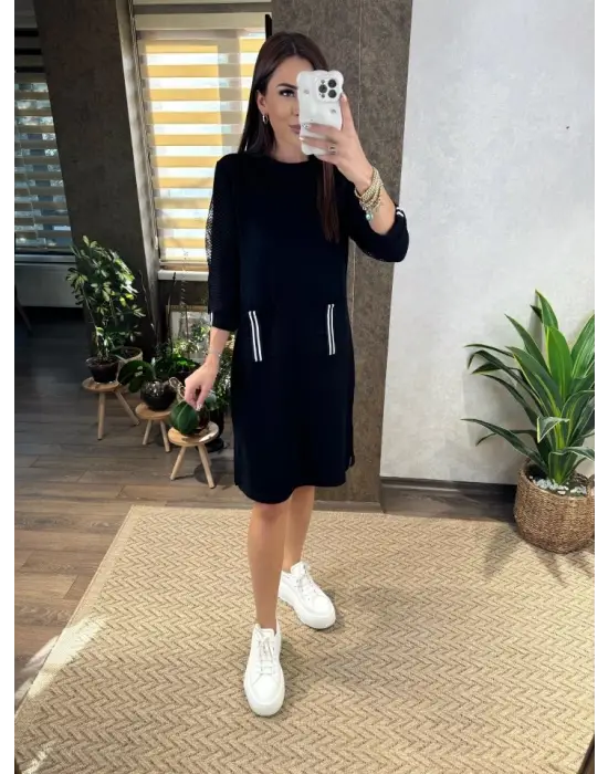 Omarı Viskon Pamuklu Kadın Elbise Kol File ve Cep Detaylı