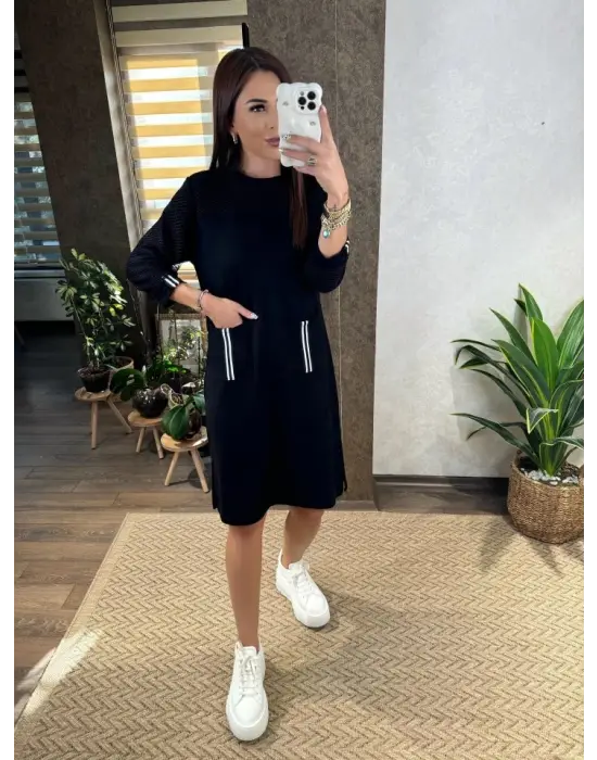 Omarı Viskon Pamuklu Kadın Elbise Kol File ve Cep Detaylı