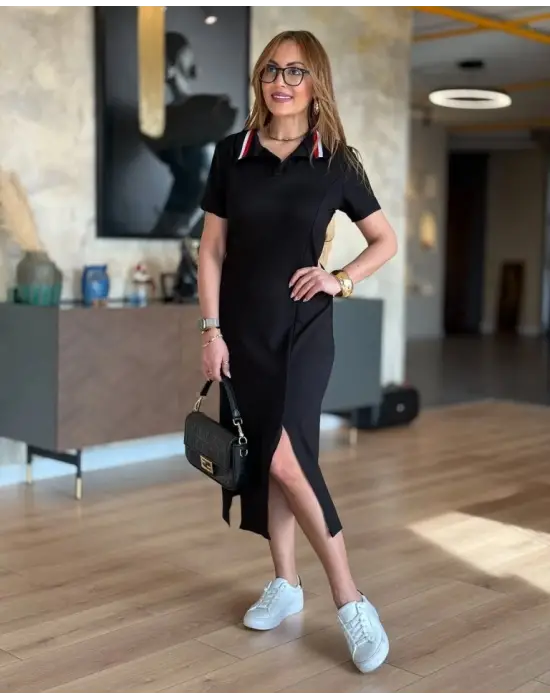 Kadın Yaka Ribanalı Çift Yırtmaçlı Elbise