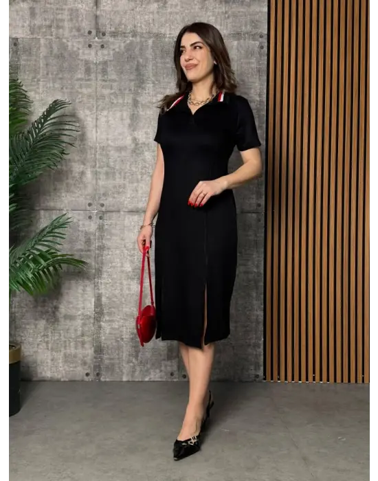 Kadın Yaka Ribanalı Çift Yırtmaçlı Elbise