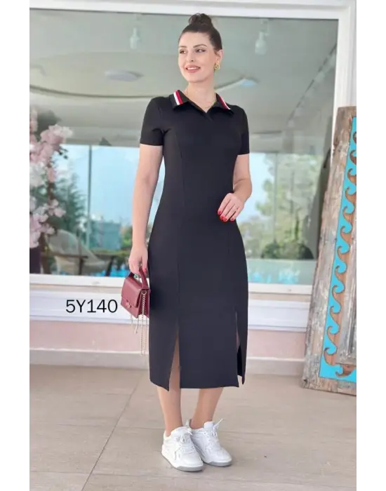 Kadın Yaka Ribanalı Çift Yırtmaçlı Elbise