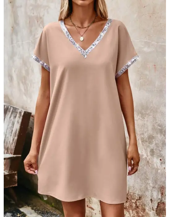 Kadın Yaka Ve Kol Pul Payet şeritli Ithal Krep Elbise