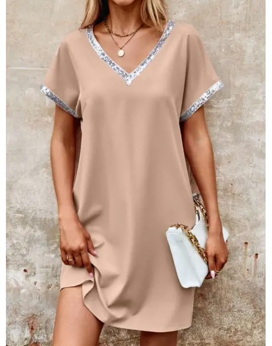 Kadın Yaka Ve Kol Pul Payet şeritli Ithal Krep Elbise