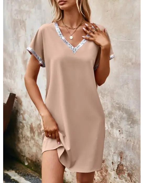 Kadın Yaka Ve Kol Pul Payet şeritli Ithal Krep Elbise