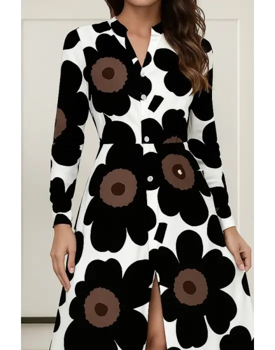 Kadın Yakalı önden Düğmeli çiçek Desenli Uzun Süprem Elbise