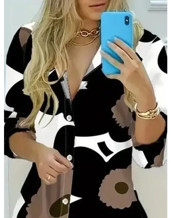 Kadın Yakalı önden Düğmeli çiçek Desenli Uzun Süprem Elbise