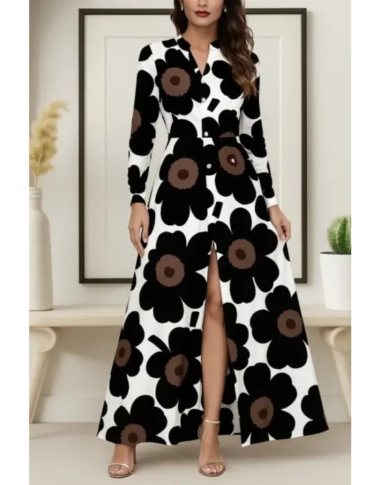 Kadın Yakalı önden Düğmeli çiçek Desenli Uzun Süprem Elbise