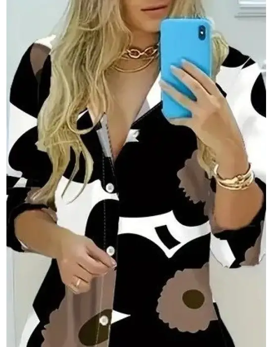 Kadın Yakalı önden Düğmeli çiçek Desenli Uzun Süprem Elbise