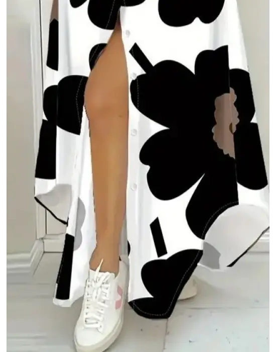 Kadın Yakalı önden Düğmeli çiçek Desenli Uzun Süprem Elbise