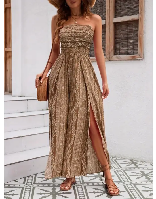 Omarı Desenli Yakası Gipe Detaylı Yırtmaçlı Supreme Pantolun Etek Tulum