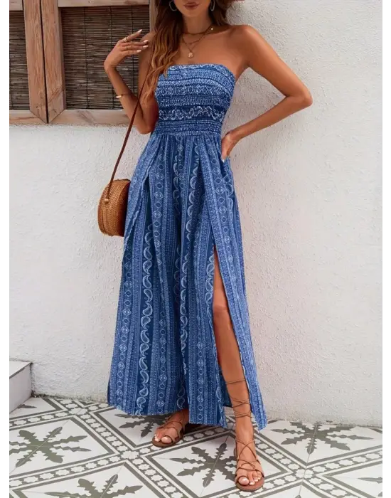 Omarı Siyah Desenli Önden Yırtmaçlı Kadın Tulum>Yakası Gipe Detaylı Süprem Pantolunetek