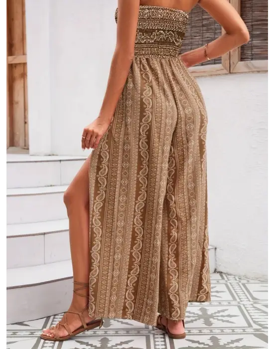 Kadın Yakası Gipe Detaylı önden Yırtmaç Detaylı Desenli Süprem Pantolun Etek Tulum