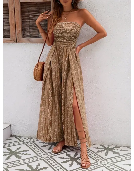 Kadın Yakası Gipe Detaylı önden Yırtmaç Detaylı Desenli Süprem Pantolun Etek Tulum