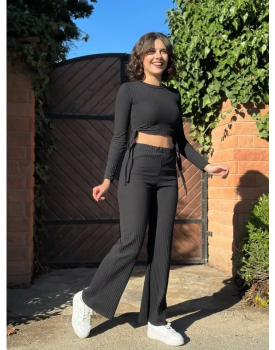 Kadın Yandan Bağlamalı Geniş Paçalı Fitil Kaşkorse İkili Takım