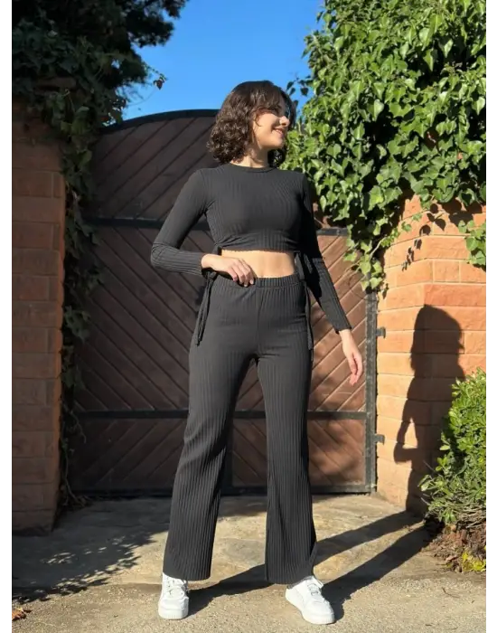 Kadın Yandan Bağlamalı Geniş Paçalı Fitil Kaşkorse İkili Takım