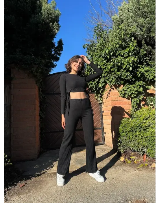 Kadın Yandan Bağlamalı Geniş Paçalı Fitil Kaşkorse İkili Takım