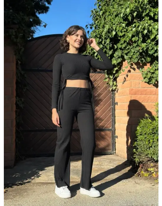 Kadın Yandan Bağlamalı Geniş Paçalı Fitil Kaşkorse İkili Takım