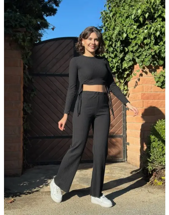 Kadın Yandan Bağlamalı Geniş Paçalı Fitil Kaşkorse İkili Takım