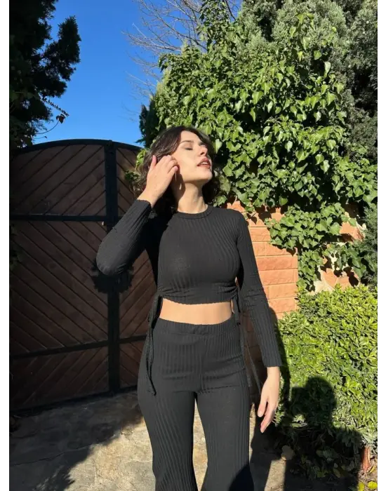 Kadın Yandan Bağlamalı Geniş Paçalı Fitil Kaşkorse İkili Takım