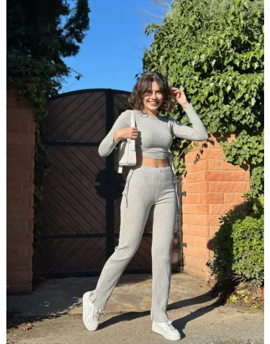 Kadın Yandan Bağlamalı Geniş Paçalı Fitil Kaşkorse İkili Takım