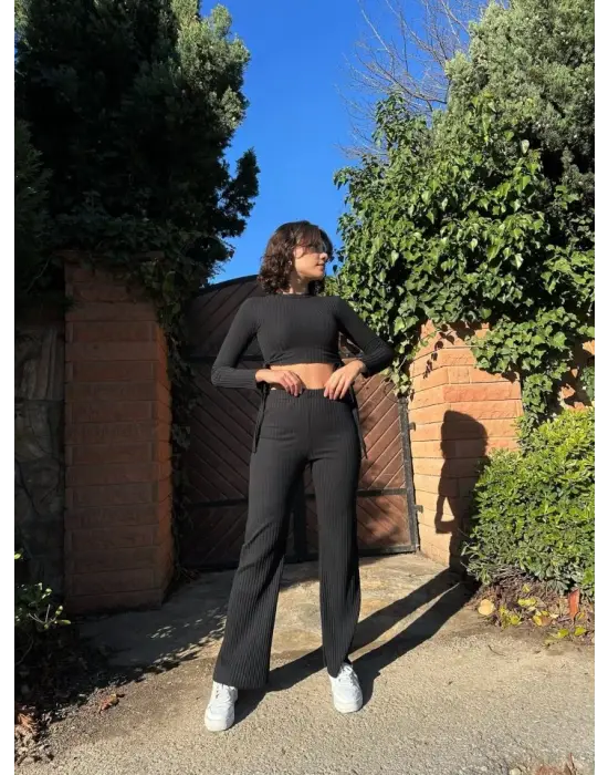 Kadın Yandan Bağlamalı Geniş Paçalı Fitil Kaşkorse İkili Takım