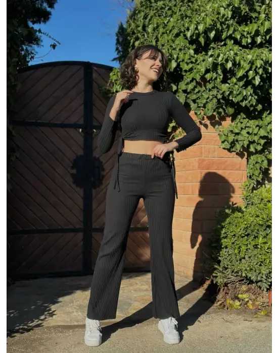 Kadın Yandan Bağlamalı Geniş Paçalı Fitil Kaşkorse İkili Takım