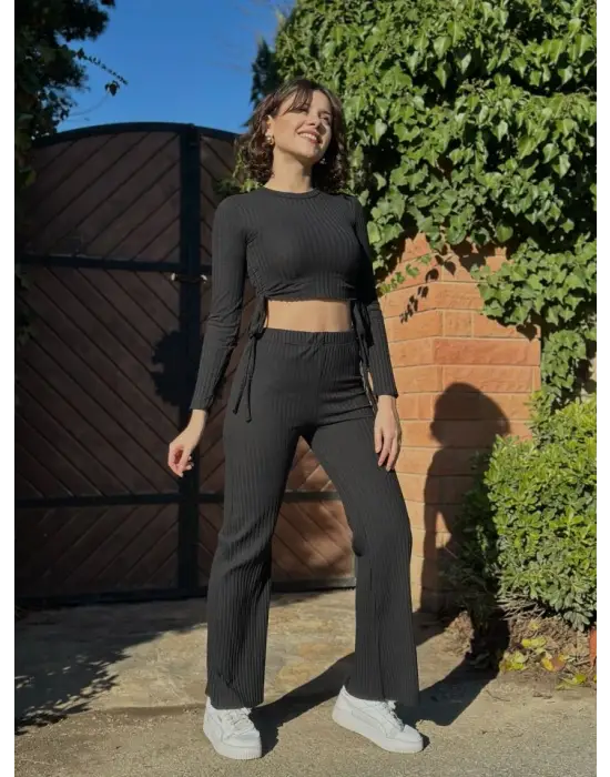 Kadın Yandan Bağlamalı Geniş Paçalı Fitil Kaşkorse İkili Takım