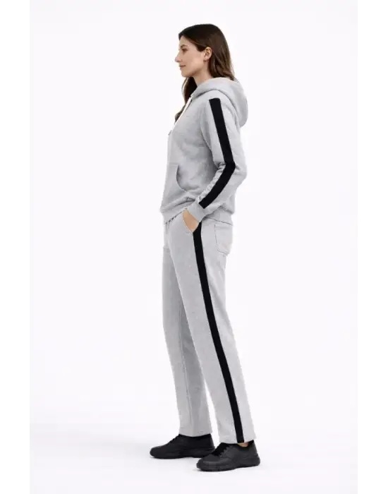 KADIN Yandan Şeritli Eşofman Takım Kapüşonlu Sweatshirt Boru Paça Alt, Oversize 3 Iplik Pamuklu - Gri